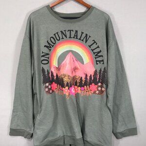 Natural Life Sweatshirt Womens 2XL Green Graphic Pullover Boho Crew Neck Pockets